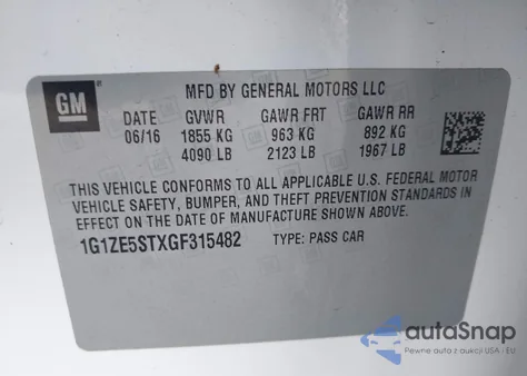 2016 Chevrolet Malibu 1Lt z USA, uszkodzony, nr VIN 1G1ZE5STXGF315482